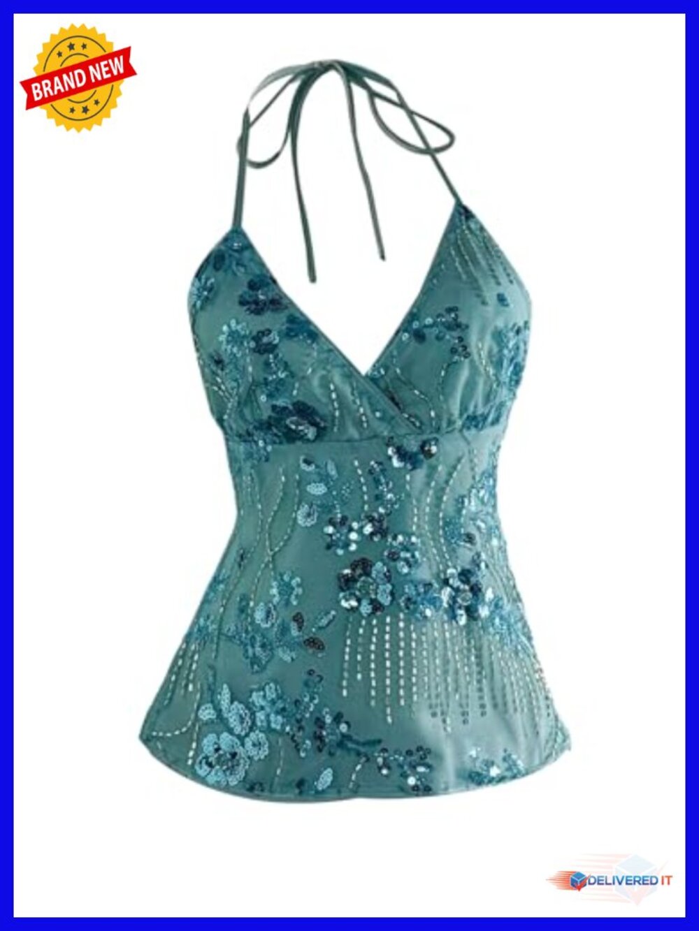 Sequin Floral Embroidery Y2K Halter Top Sleeveless Tie Back